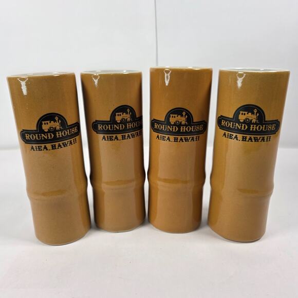 Round House Aiea Hawaii Tiki Mug 14 oz Bamboo Daga 7" Set Of 4 - Picture 1 of 8